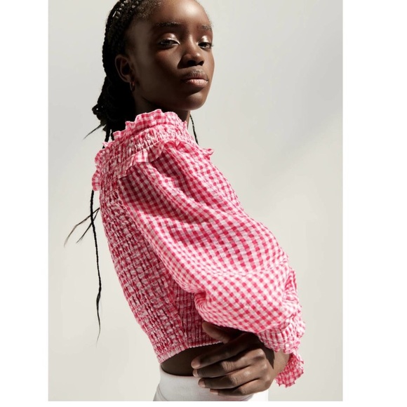 ZARA red/white stretch gingham smocked top size small - Picture 3 of 11